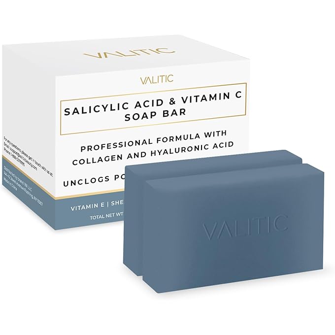 فاليتيك صابون حمض الساليسيليك والفيتامين سي فاليتيك - غسول للوجه وغسول تقشير للجسم للرؤوس السوداء، المسام المتضخمة والبشرة المشوهة بالعيوب مع الكولاجين، حمض الهيالورونيك، فيتامين E - عبوتين - Image 1